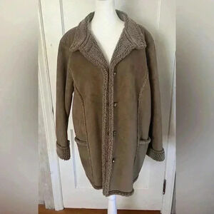 LL BEAN| Y2K Penny Lane Brown faux suede & Shearling mid length coat button | XL